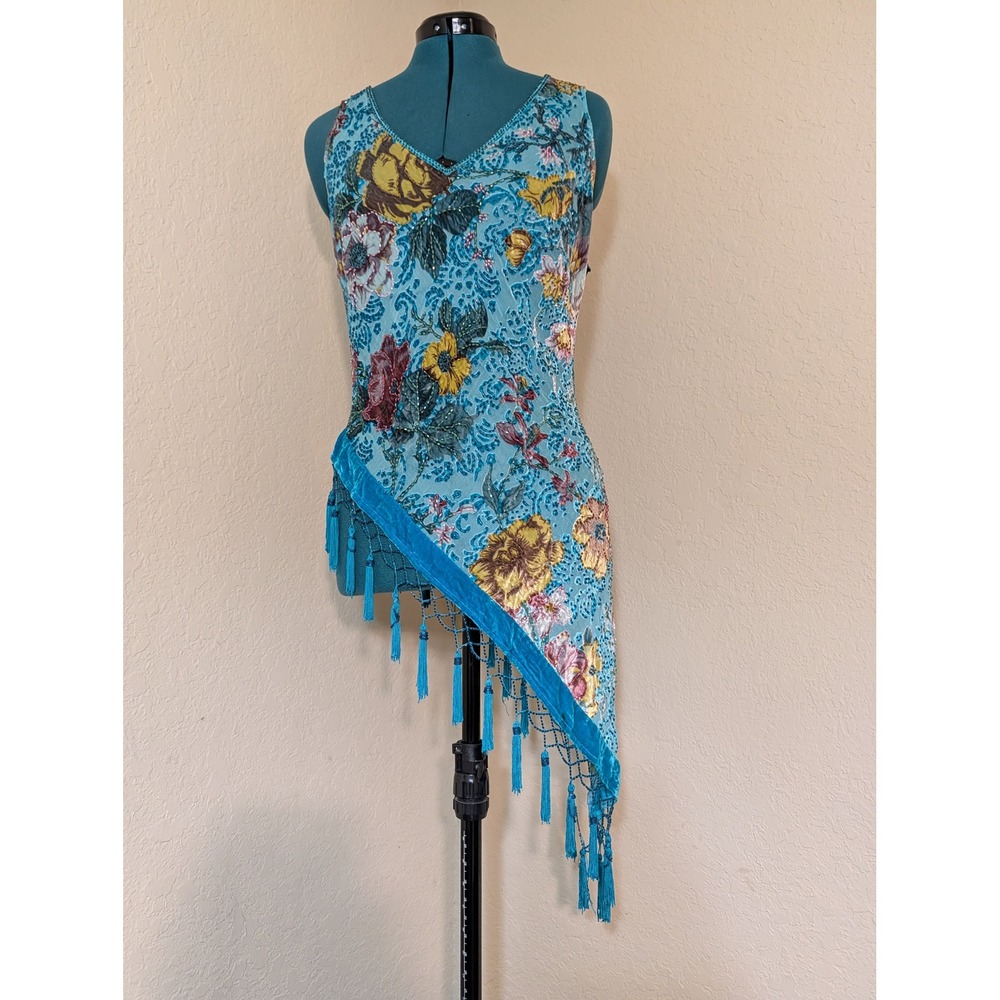 Cache Silk Burnout Velvet Beaded Tassel Fringe Top Womens L Turquoise Y2K